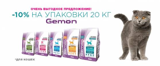 -10% на корма для кошек Gemon 20 кг