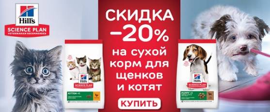 Скидка 20% на корма Hill's для щенков и котят