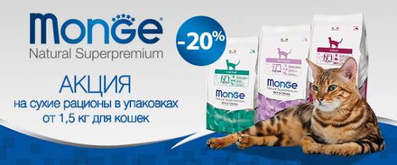 -20% на сухой корм Monge для кошек и консервы для собак!