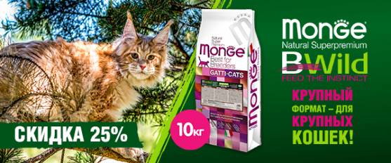 Скидка 25% на Monge Bwild Grain Free для крупных кошек