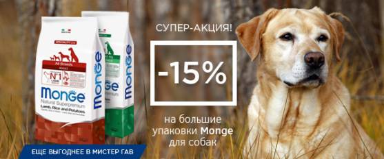 Скидка 15% на большие упаковки корма для собак Monge!