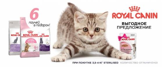 При покупке 4-х кг Royal Canin для стерилизованных - 6 паучей в подарок!