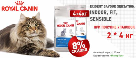 Скидка 8% на корма для кошек Royal Canin при покупке 2 упаковок по 4 кг
