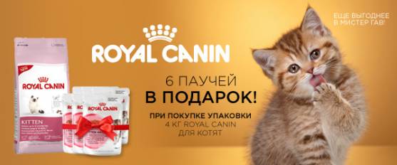 При покупке 4-х Royal Canin для котят - 6 паучей в подарок!