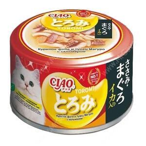 Консервы INABA CIAO для кошек Toromi курица и тунец магуро с кальмаром в бульоне, 80 г