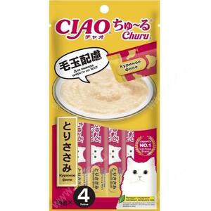 Крем-лакомство INABA CIAO для кошек Churu куринное филе для вывода шерсти, 4 шт