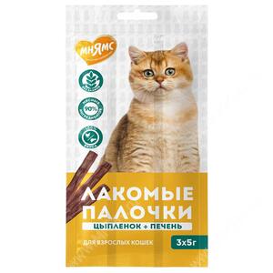 Лакомство Мнямс Лакомые палочки для кошек, цыпленок и печень, 3х5 г
