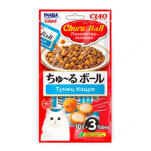 Лакомство-топпинг INABA Ball для кошек, с кремовой начинкой тунец кацуо, 3 шт