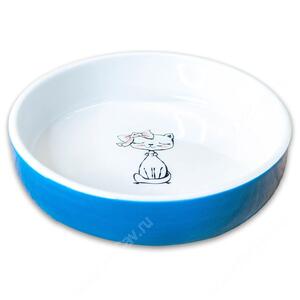 Миска Mr.Kranch керамическая для кошек Кошка с бантиком, голубая, 370 мл