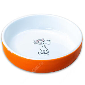Миска Mr.Kranch керамическая для кошек Кошка с бантиком, оранжевая, 370 мл