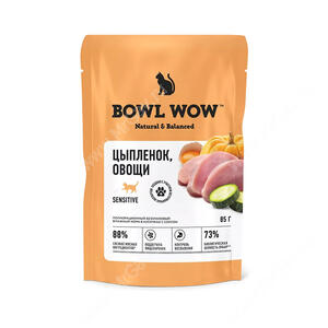 Пауч Bowl Wow для кошек с чувствительным пищеварением, кусочки в соусе с цыпленком и овощами, 85 г
