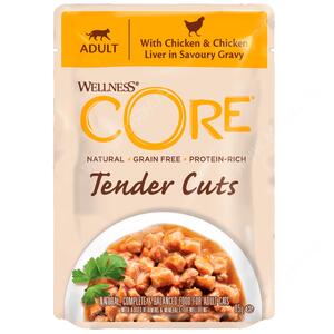 Паучи для кошек Wellness Core Tender Cuts из курицы с куриной печенью (нарезка в соусе), 85 г