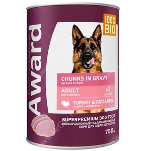 Влажный корм Award Adult Dog, кусочки с индейкой и желудочками в соусе, 750г