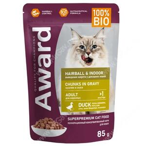 Влажный корм Award Hairball & Indoor для кошек, кусочки в соусе с уткой, 85 г